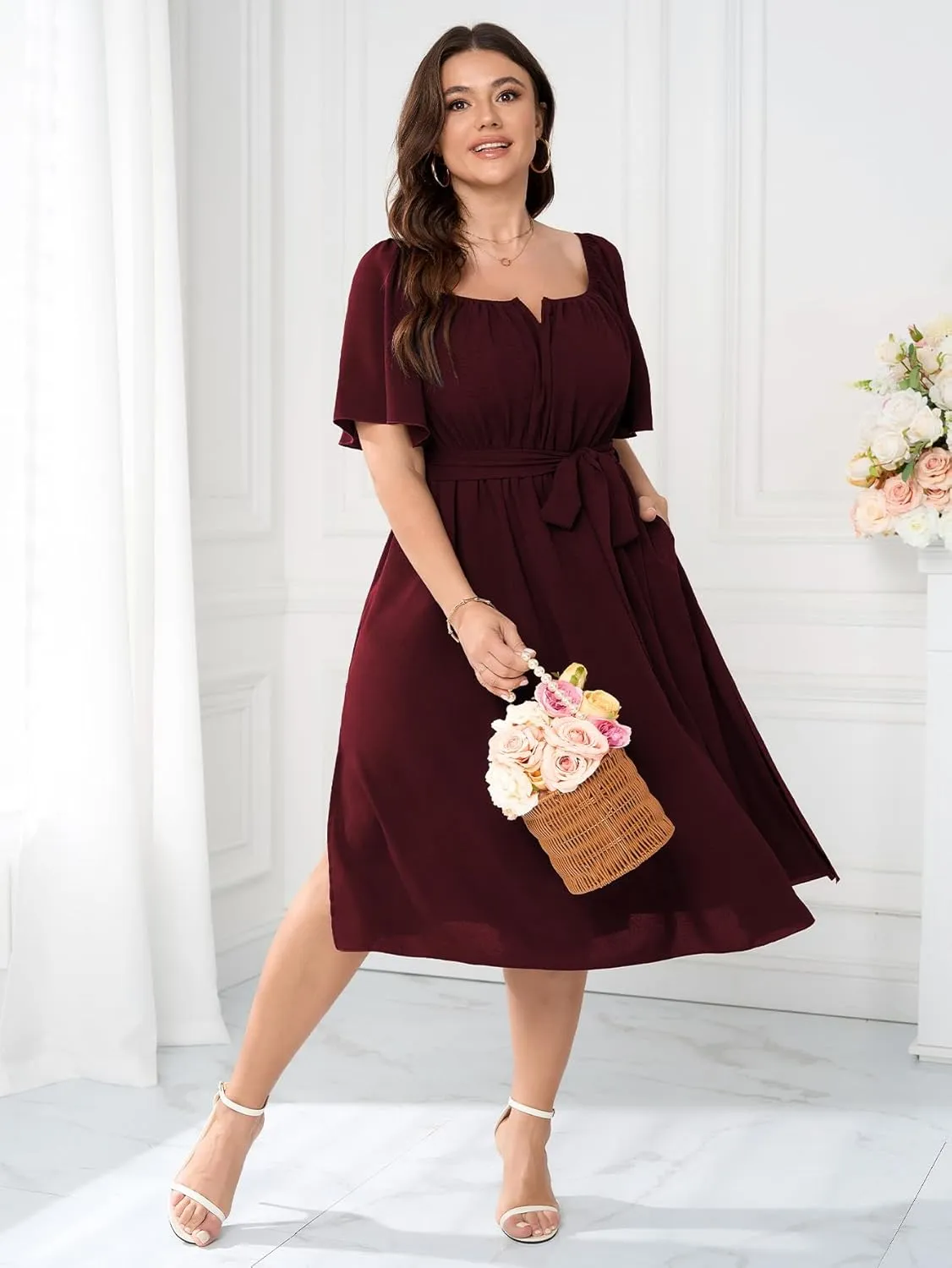 Women Plus Size Cocktail Dress Short Sleeve Square Neck Belted Elegant Flowy A Line Midi Dresses with Pockets