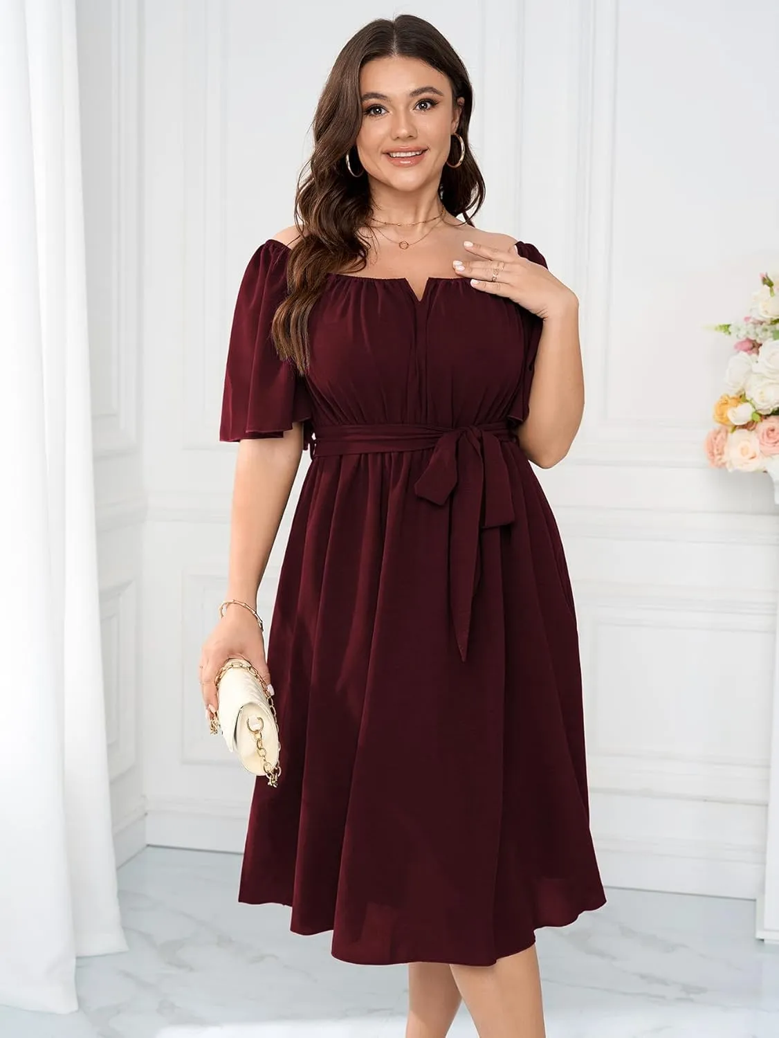 Women Plus Size Cocktail Dress Short Sleeve Square Neck Belted Elegant Flowy A Line Midi Dresses with Pockets