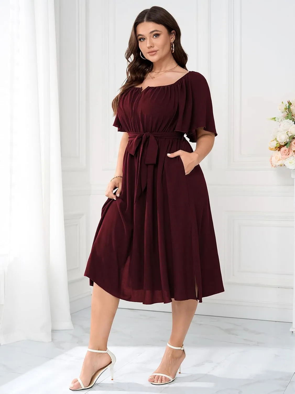 Women Plus Size Cocktail Dress Short Sleeve Square Neck Belted Elegant Flowy A Line Midi Dresses with Pockets