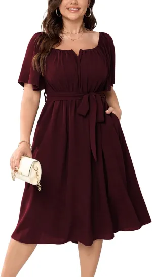 Women Plus Size Cocktail Dress Short Sleeve Square Neck Belted Elegant Flowy A Line Midi Dresses with Pockets