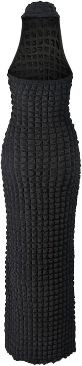 Womens Casual Sexy Halter Sleeveless Sundresses Bubble Textured Backless Prom Cocktail Maxi Dresses