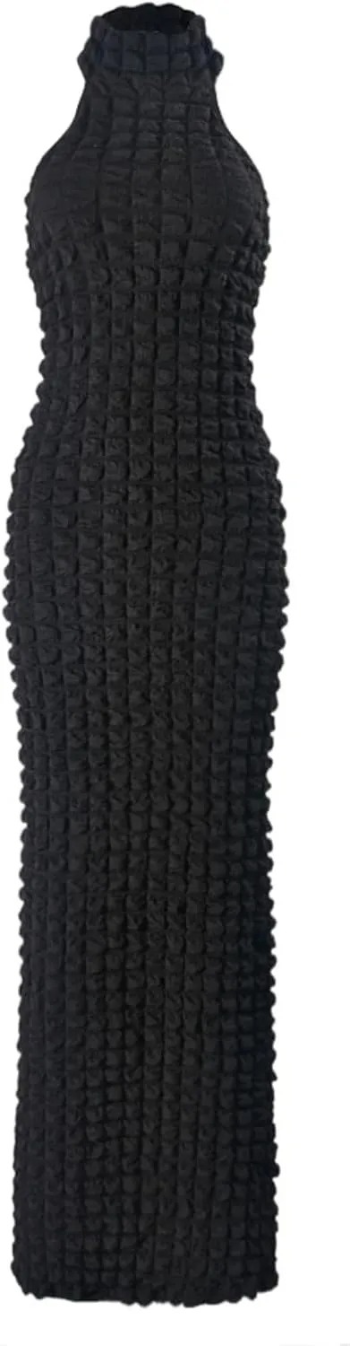 Womens Casual Sexy Halter Sleeveless Sundresses Bubble Textured Backless Prom Cocktail Maxi Dresses