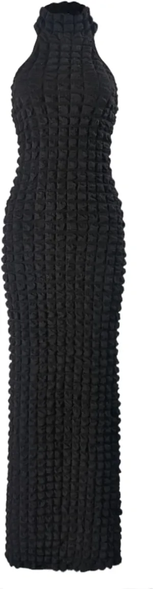 Womens Casual Sexy Halter Sleeveless Sundresses Bubble Textured Backless Prom Cocktail Maxi Dresses