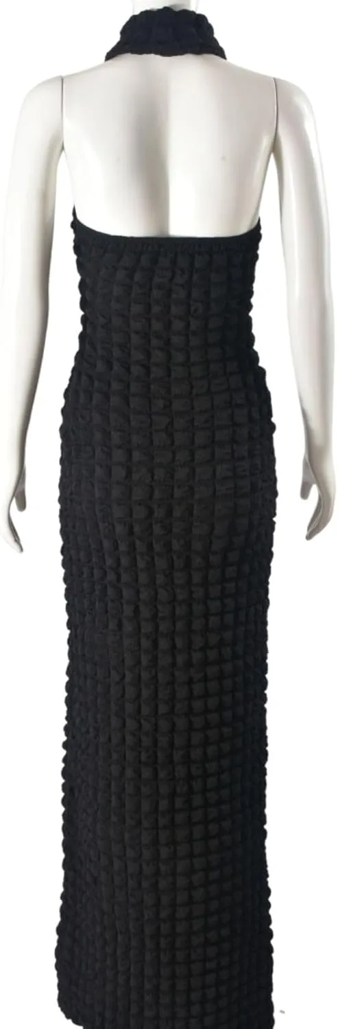 Womens Casual Sexy Halter Sleeveless Sundresses Bubble Textured Backless Prom Cocktail Maxi Dresses