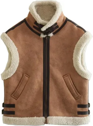 Womens Fashion Sherpa Vest Sleeveless Stand Collar Zip Up Cropped Moto Biker Coat Short Fleece Padded Gilet Outerwear