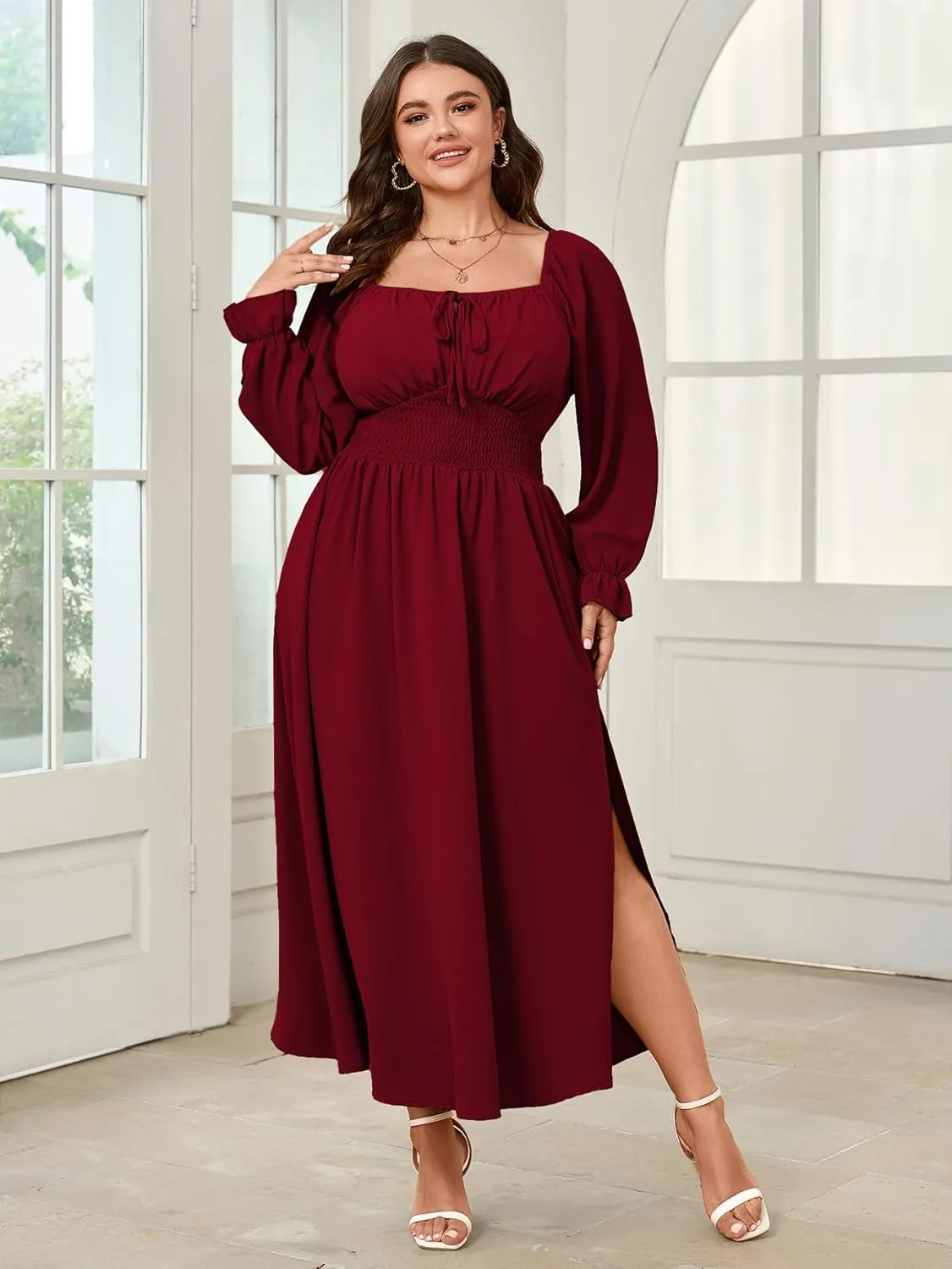 Women's Plus Size Dress Long Sleeve Smocked Dress Square Neck Tie Front Split A-Line Maxi Long Dresses