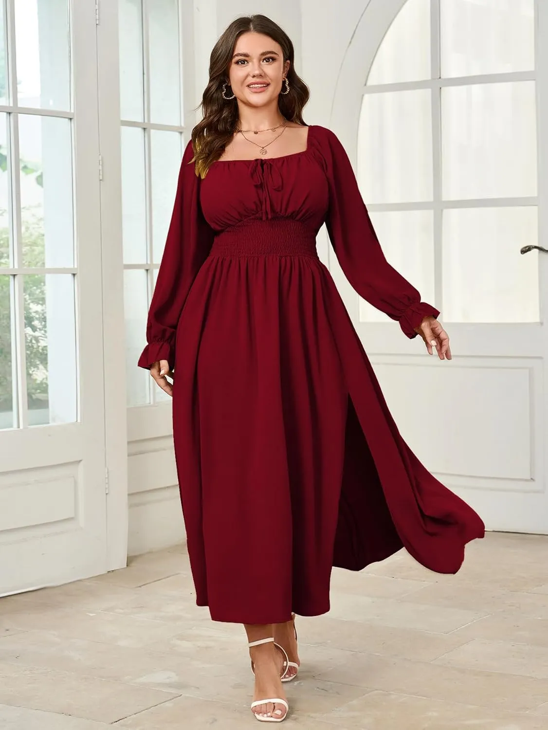 Women's Plus Size Dress Long Sleeve Smocked Dress Square Neck Tie Front Split A-Line Maxi Long Dresses