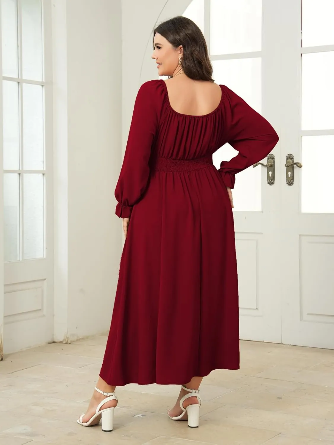 Women's Plus Size Dress Long Sleeve Smocked Dress Square Neck Tie Front Split A-Line Maxi Long Dresses