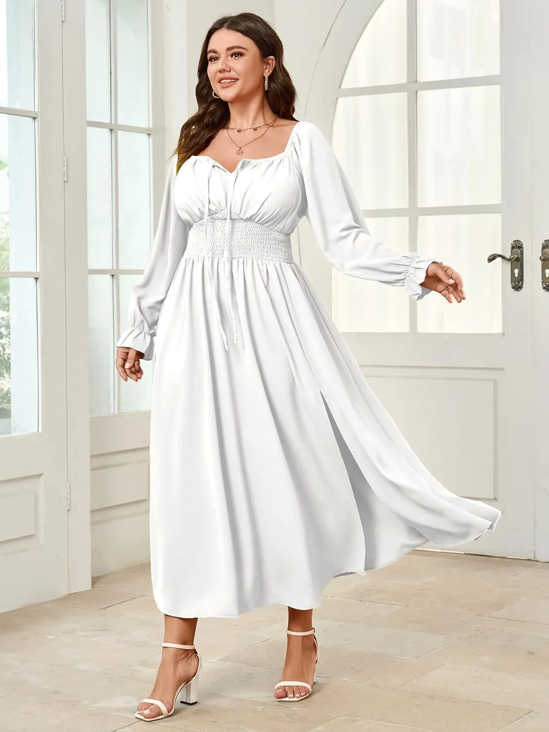 Women's Plus Size Dress Long Sleeve Smocked Dress Square Neck Tie Front Split A-Line Maxi Long Dresses