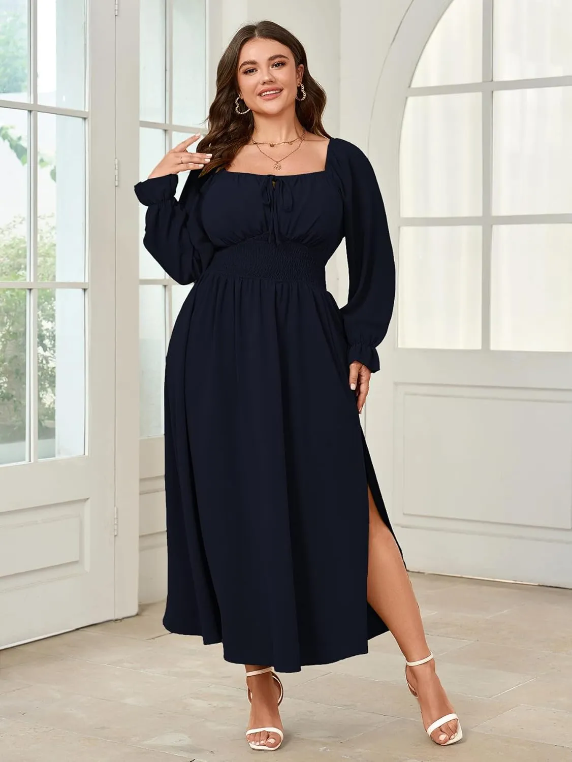Women's Plus Size Dress Long Sleeve Smocked Dress Square Neck Tie Front Split A-Line Maxi Long Dresses