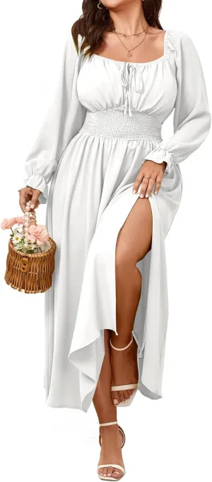 Women's Plus Size Dress Long Sleeve Smocked Dress Square Neck Tie Front Split A-Line Maxi Long Dresses