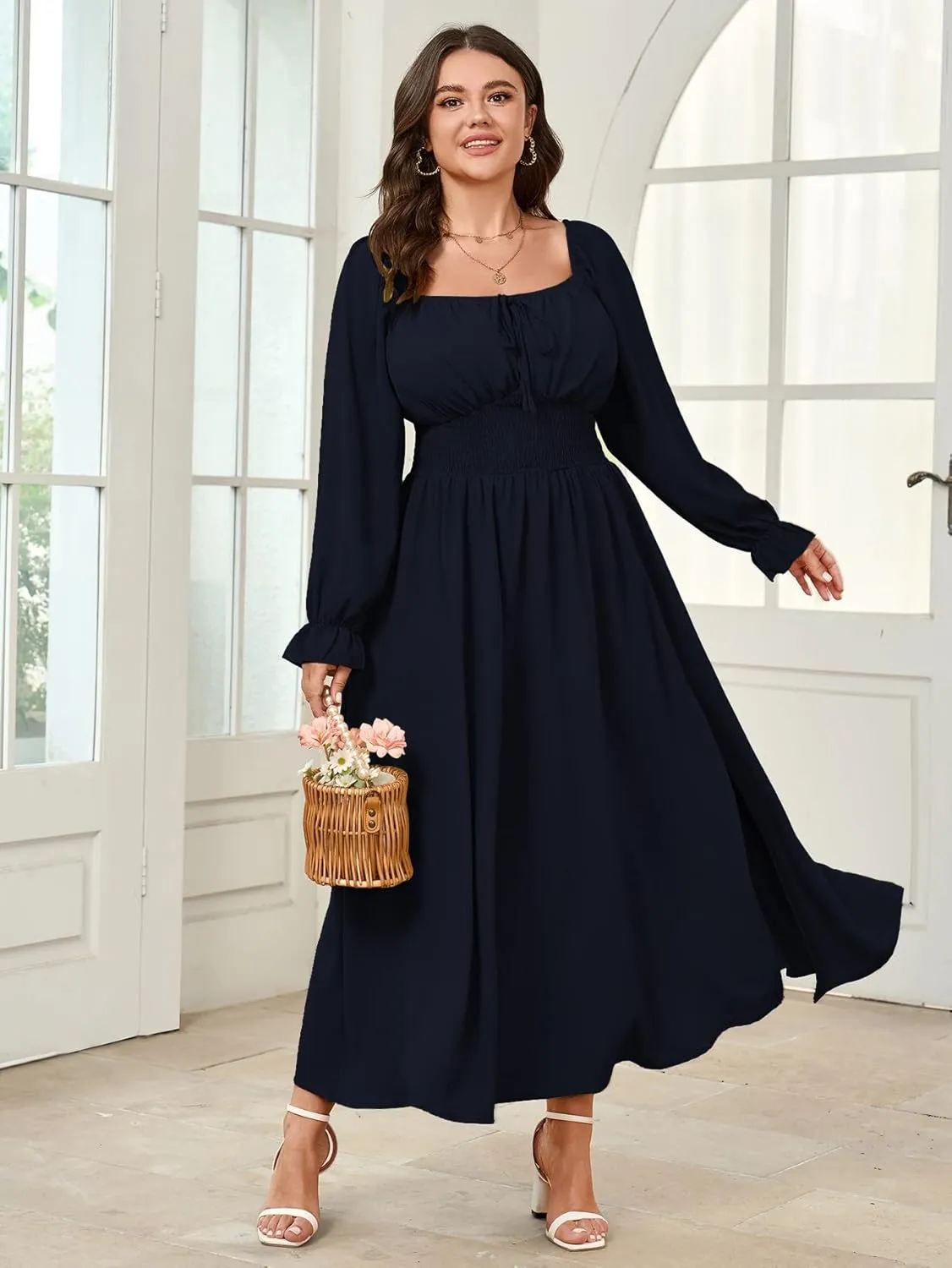 Women's Plus Size Dress Long Sleeve Smocked Dress Square Neck Tie Front Split A-Line Maxi Long Dresses