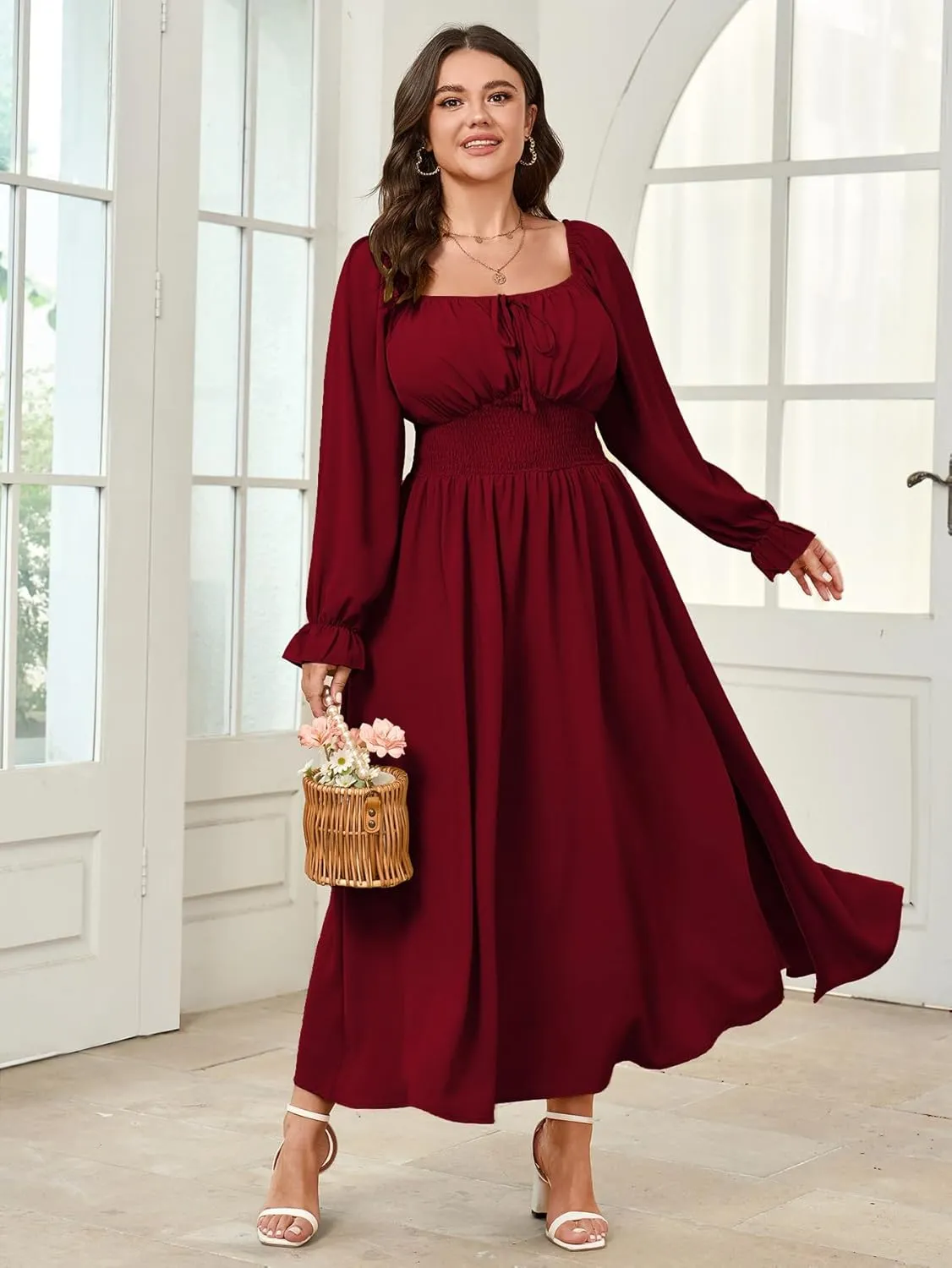 Women's Plus Size Dress Long Sleeve Smocked Dress Square Neck Tie Front Split A-Line Maxi Long Dresses