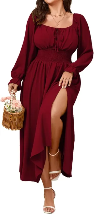 Women's Plus Size Dress Long Sleeve Smocked Dress Square Neck Tie Front Split A-Line Maxi Long Dresses