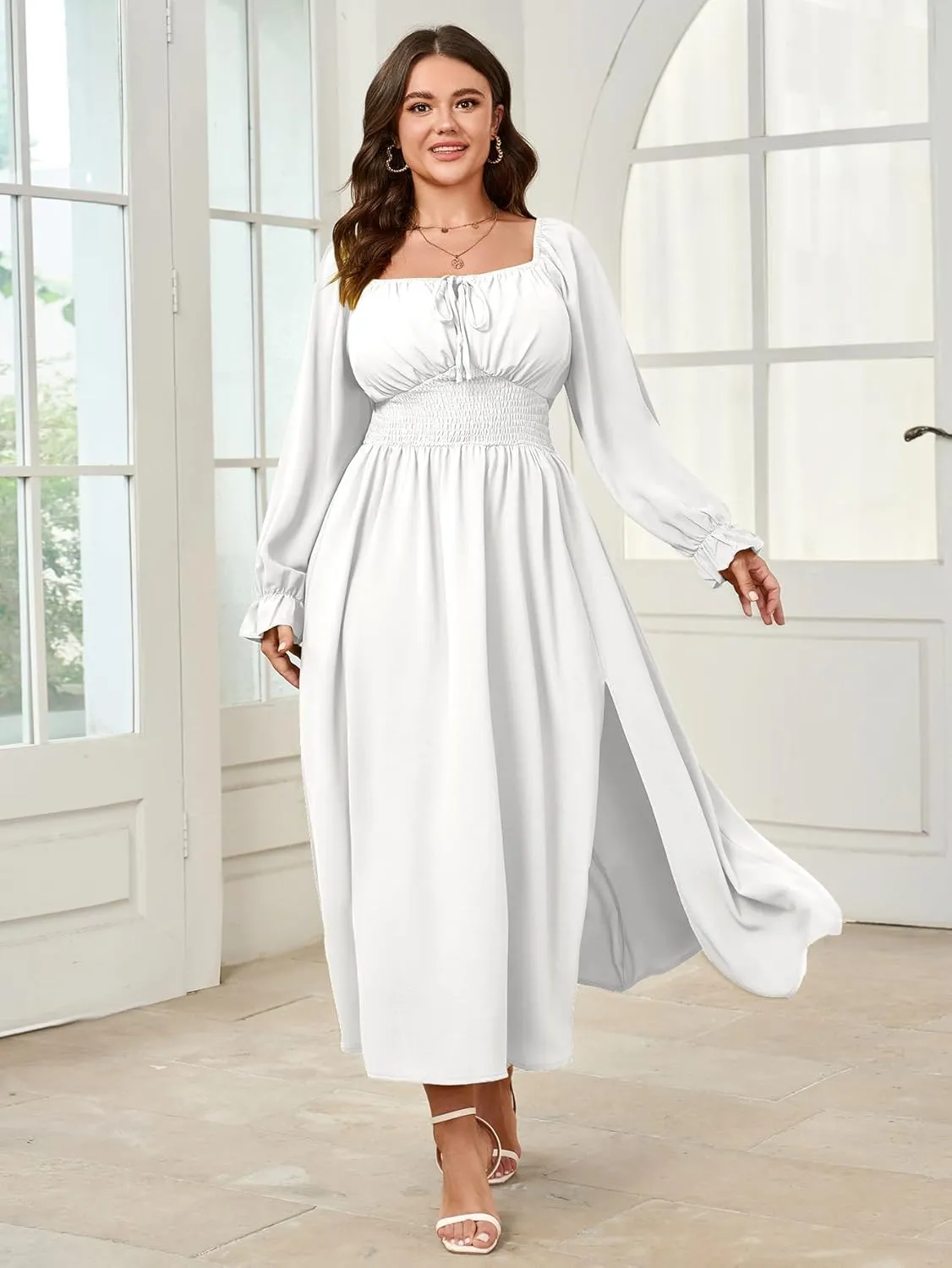 Women's Plus Size Dress Long Sleeve Smocked Dress Square Neck Tie Front Split A-Line Maxi Long Dresses