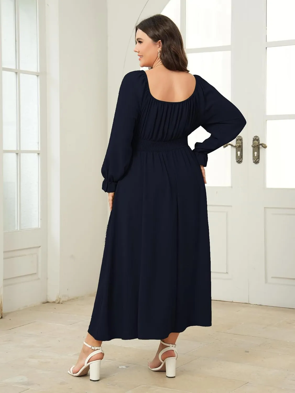 Women's Plus Size Dress Long Sleeve Smocked Dress Square Neck Tie Front Split A-Line Maxi Long Dresses