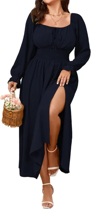 Women's Plus Size Dress Long Sleeve Smocked Dress Square Neck Tie Front Split A-Line Maxi Long Dresses