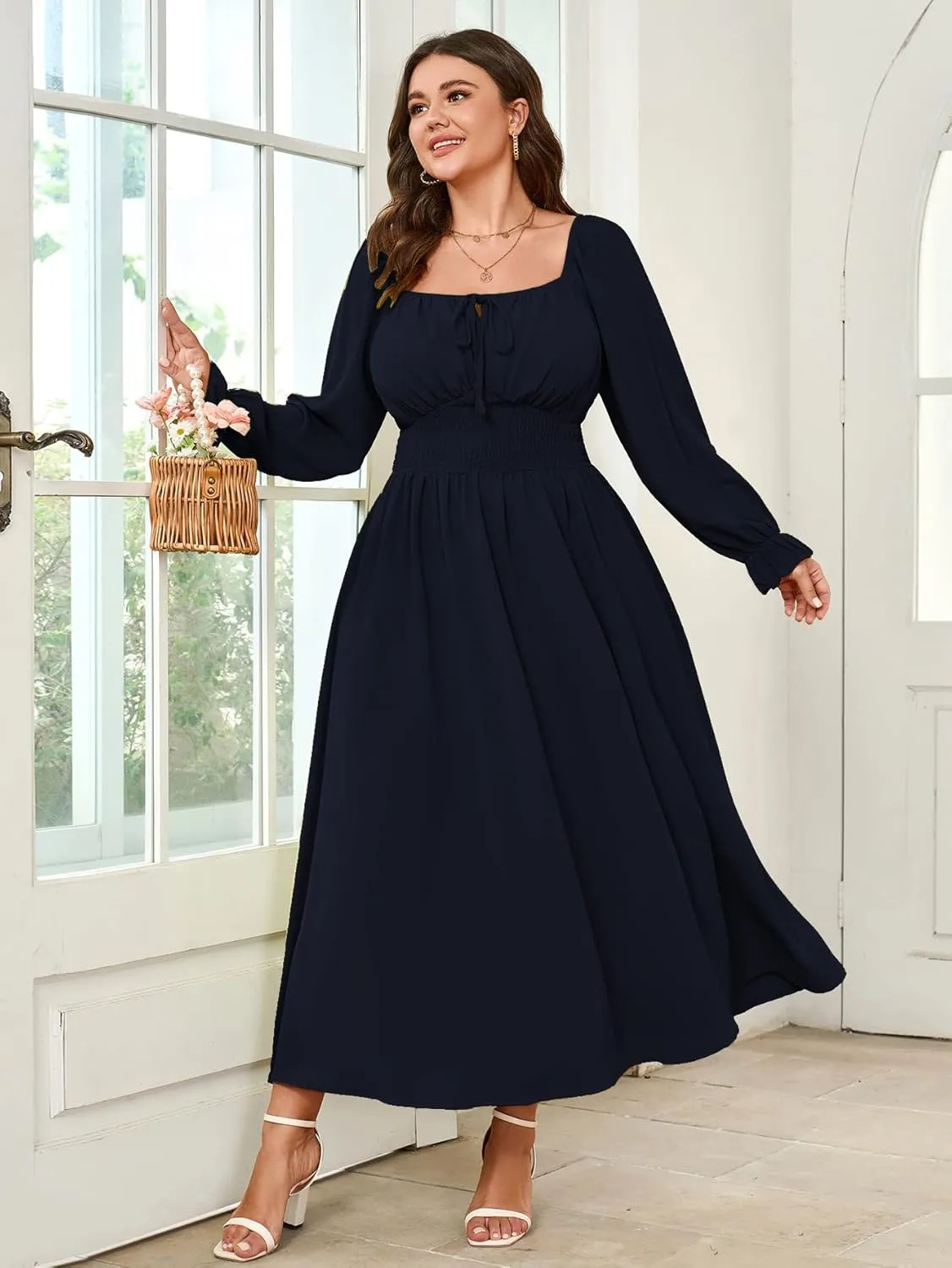 Women's Plus Size Dress Long Sleeve Smocked Dress Square Neck Tie Front Split A-Line Maxi Long Dresses