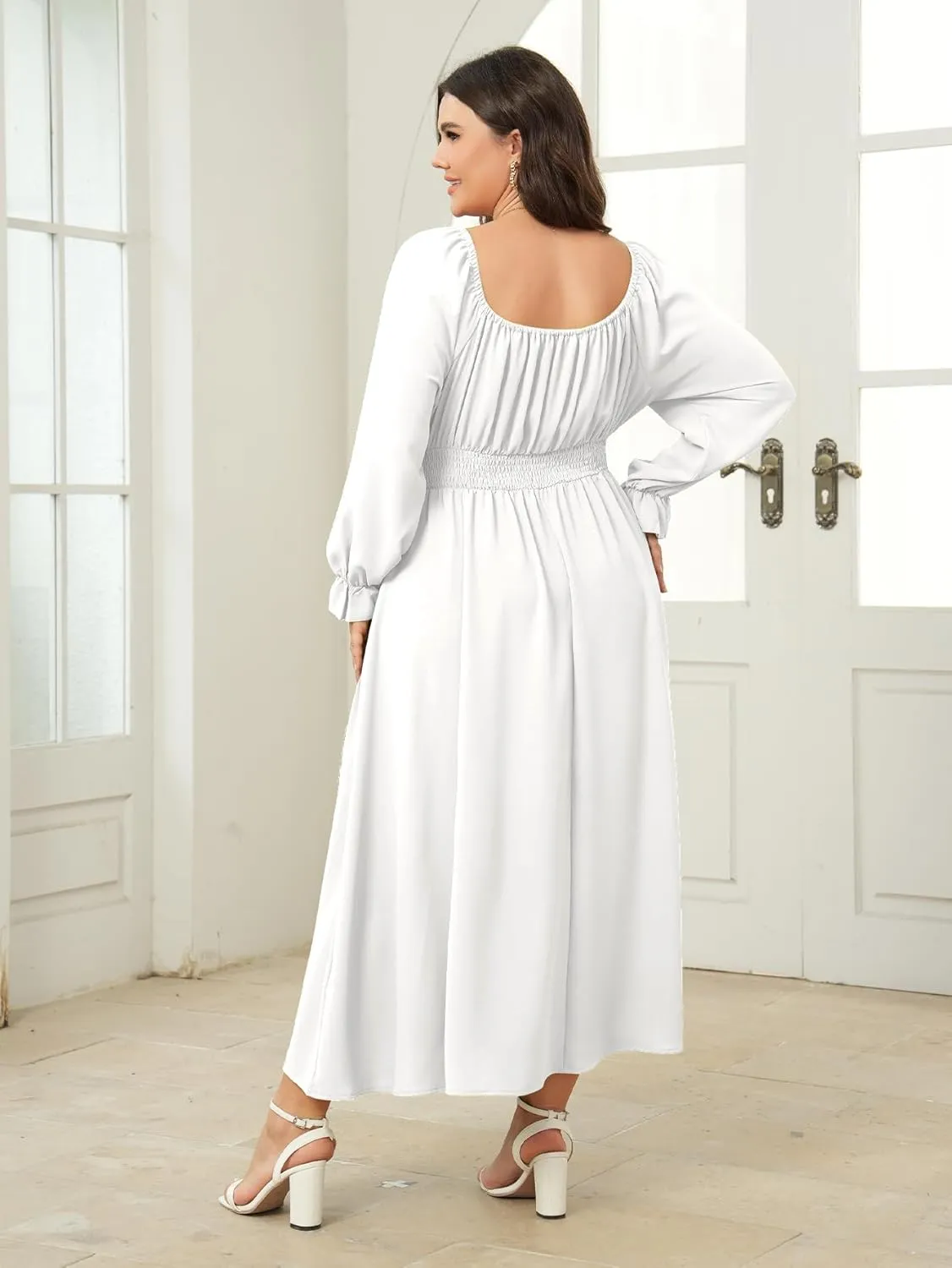 Women's Plus Size Dress Long Sleeve Smocked Dress Square Neck Tie Front Split A-Line Maxi Long Dresses