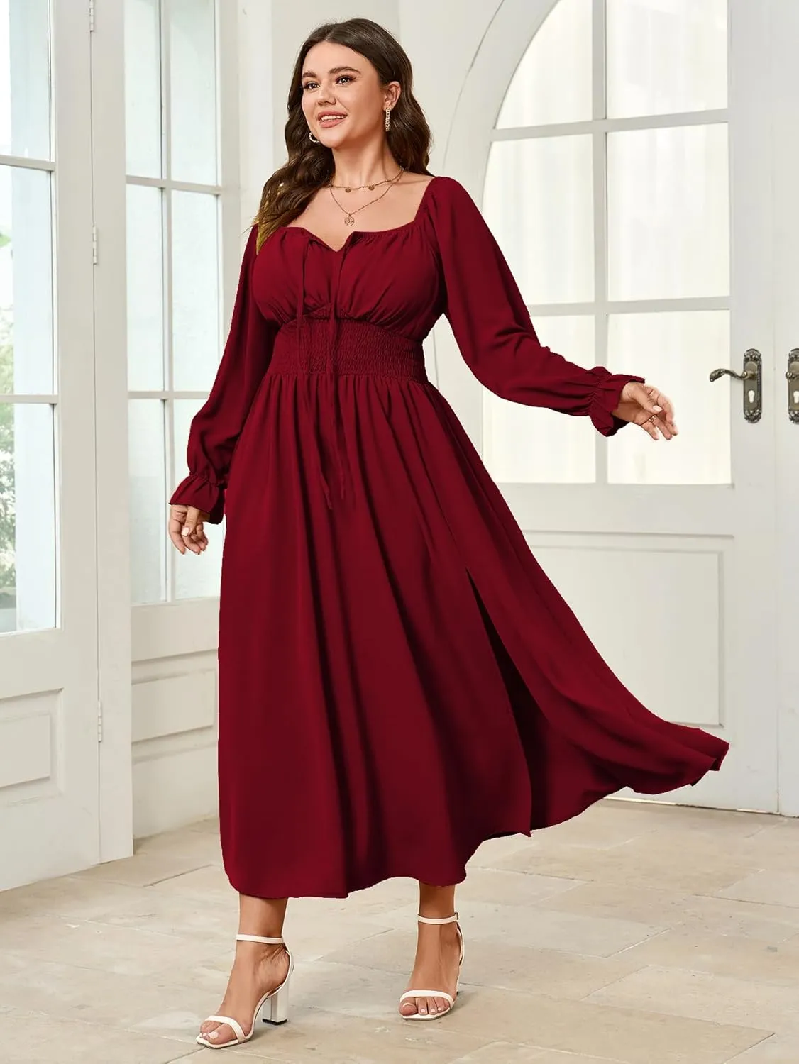 Women's Plus Size Dress Long Sleeve Smocked Dress Square Neck Tie Front Split A-Line Maxi Long Dresses