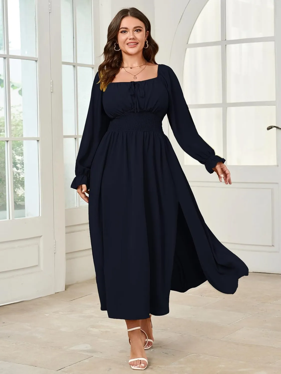 Women's Plus Size Dress Long Sleeve Smocked Dress Square Neck Tie Front Split A-Line Maxi Long Dresses