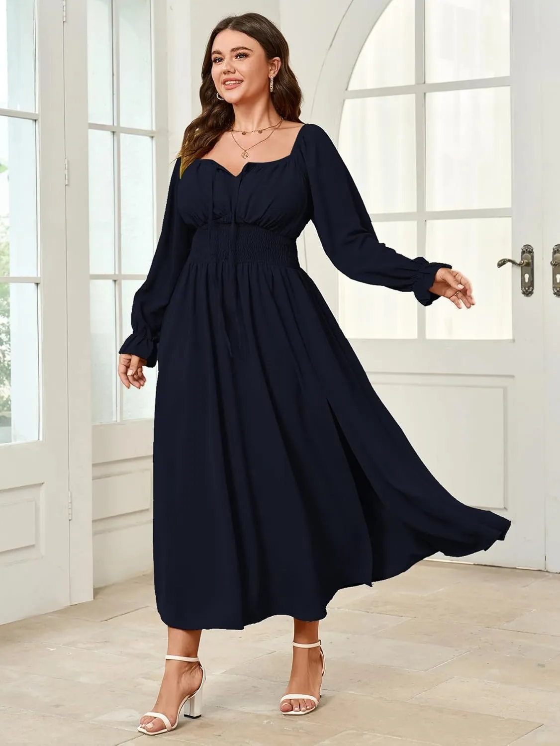 Women's Plus Size Dress Long Sleeve Smocked Dress Square Neck Tie Front Split A-Line Maxi Long Dresses