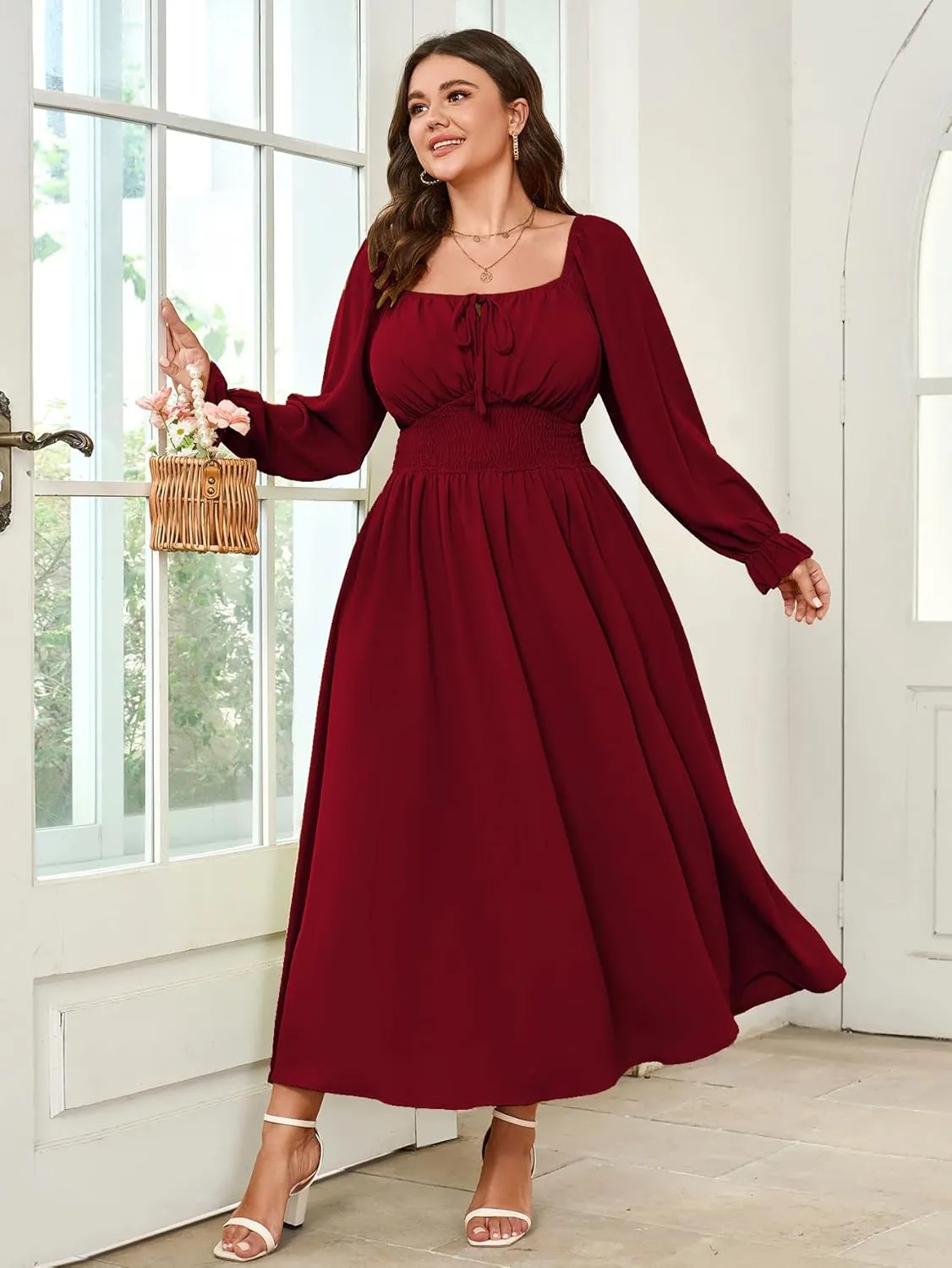 Women's Plus Size Dress Long Sleeve Smocked Dress Square Neck Tie Front Split A-Line Maxi Long Dresses