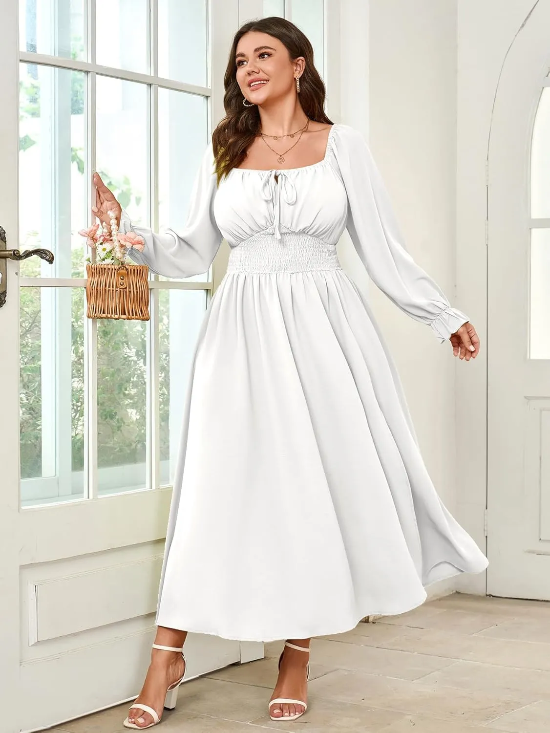 Women's Plus Size Dress Long Sleeve Smocked Dress Square Neck Tie Front Split A-Line Maxi Long Dresses